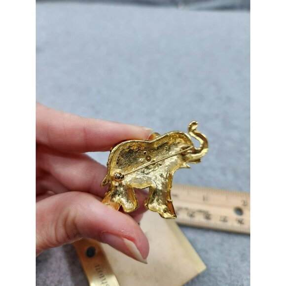 Vintage Gold-Tone Elephant Brooch Pin With Rhinestones & Red Eye Accent - Picture 2 of 4